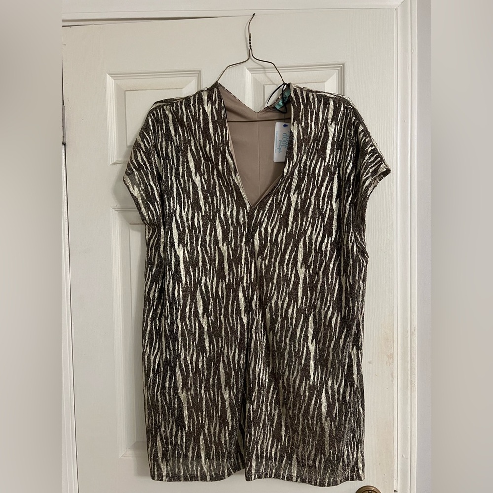 Karlie Zebra Patterned metallic dress in Brown and Cream